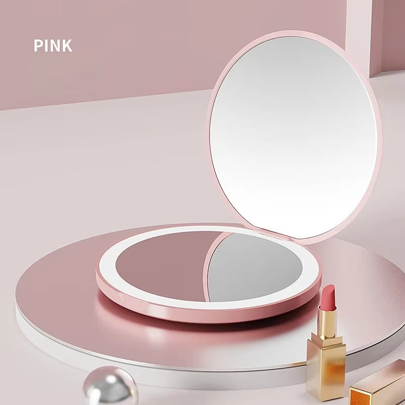 Mini LED Luminous Makeup Mirror round Portable Foldable Small Compact Mirror with Light USB Handheld Makeup Magnifying Mirrors