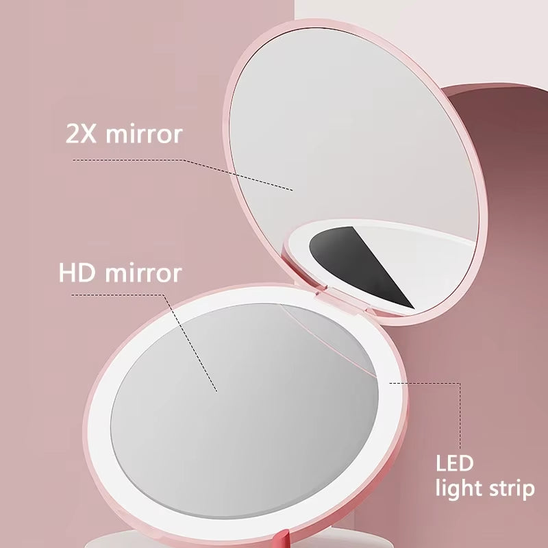 Mini LED Luminous Makeup Mirror round Portable Foldable Small Compact Mirror with Light USB Handheld Makeup Magnifying Mirrors