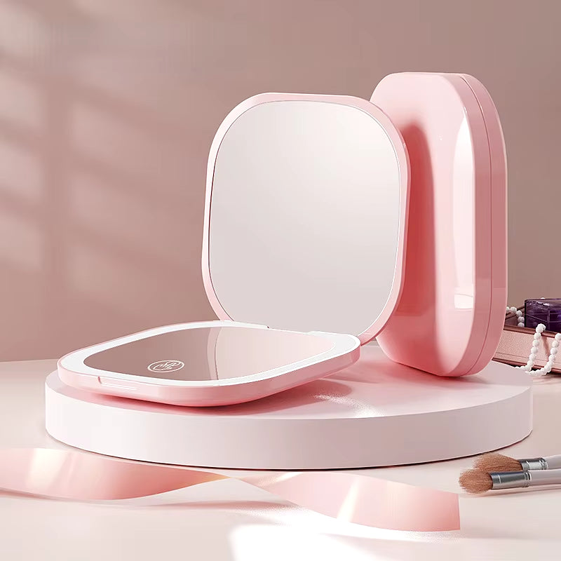 Mini LED Luminous Makeup Mirror round Portable Foldable Small Compact Mirror with Light USB Handheld Makeup Magnifying Mirrors