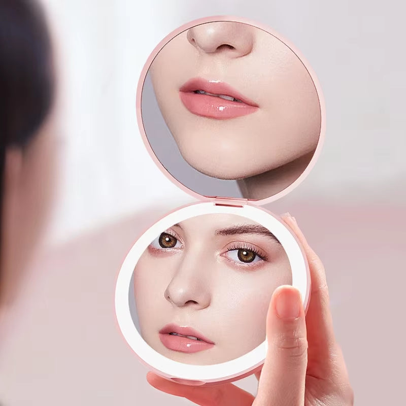 Mini LED Luminous Makeup Mirror round Portable Foldable Small Compact Mirror with Light USB Handheld Makeup Magnifying Mirrors