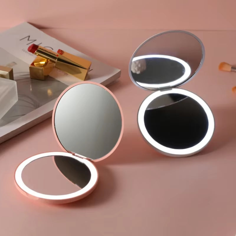 Mini LED Luminous Makeup Mirror round Portable Foldable Small Compact Mirror with Light USB Handheld Makeup Magnifying Mirrors